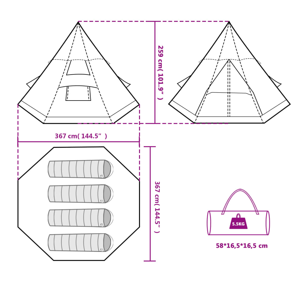 vidaXL Cort de camping tipi pentru 4 persoane, portocaliu, impermeabil