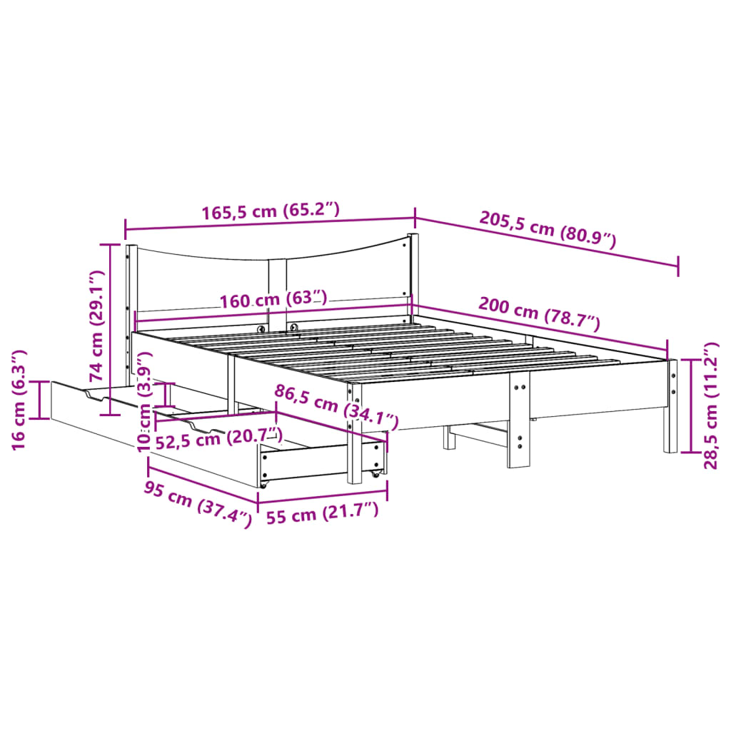 vidaXL Cadru de pat cu sertare, alb, 160x200 cm, lemn masiv pin