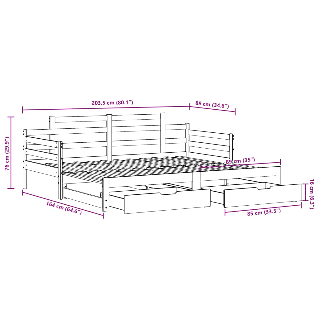 vidaXL Pat de zi cu extensie/sertare, alb, 80x200 cm, lemn masiv pin