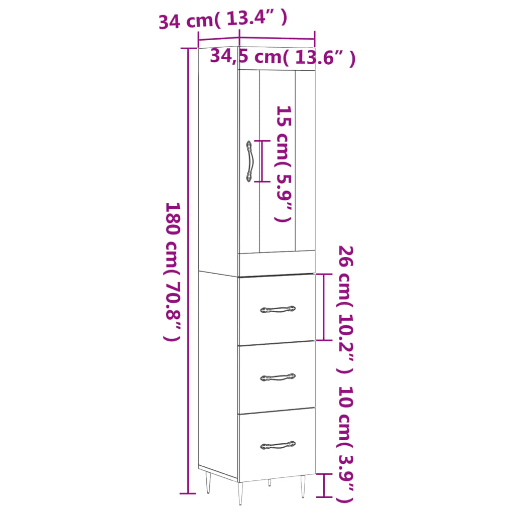 vidaXL Dulap înalt, stejar fumuriu, 34,5x34x180 cm, lemn prelucrat