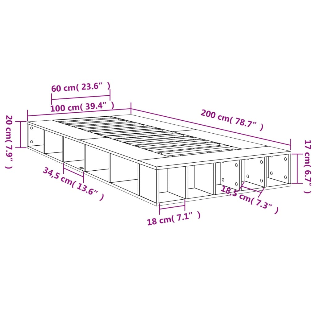 vidaXL Cadru de pat, gri sonoma, 100x200 cm, lemn prelucrat