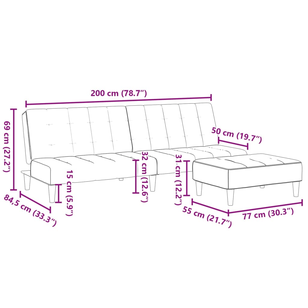 vidaXL Canapea extensibilă cu taburet, 2 locuri, gri deschis, catifea