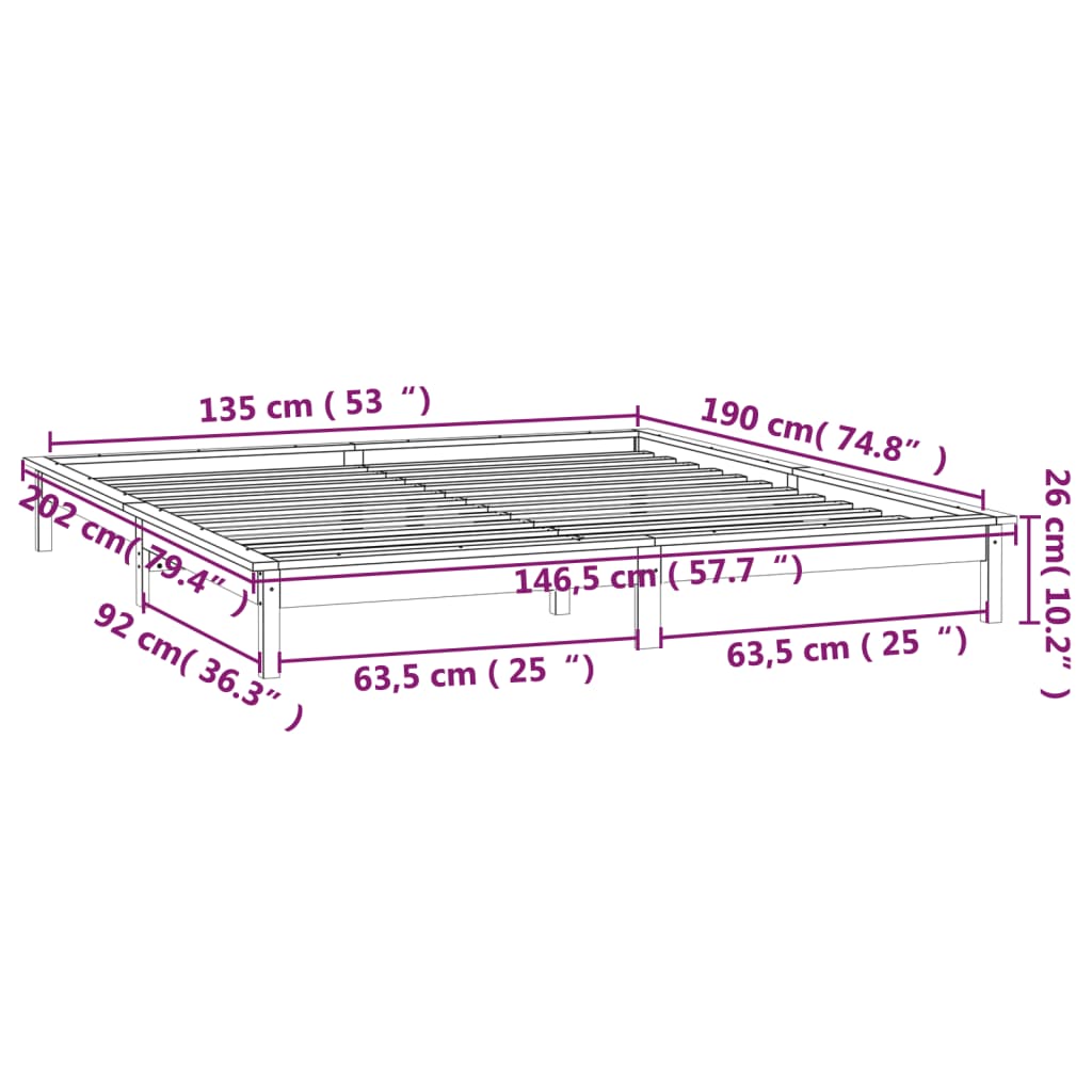 vidaXL Cadru de pat cu LED, dublu, alb, 135x190 cm, lemn masiv