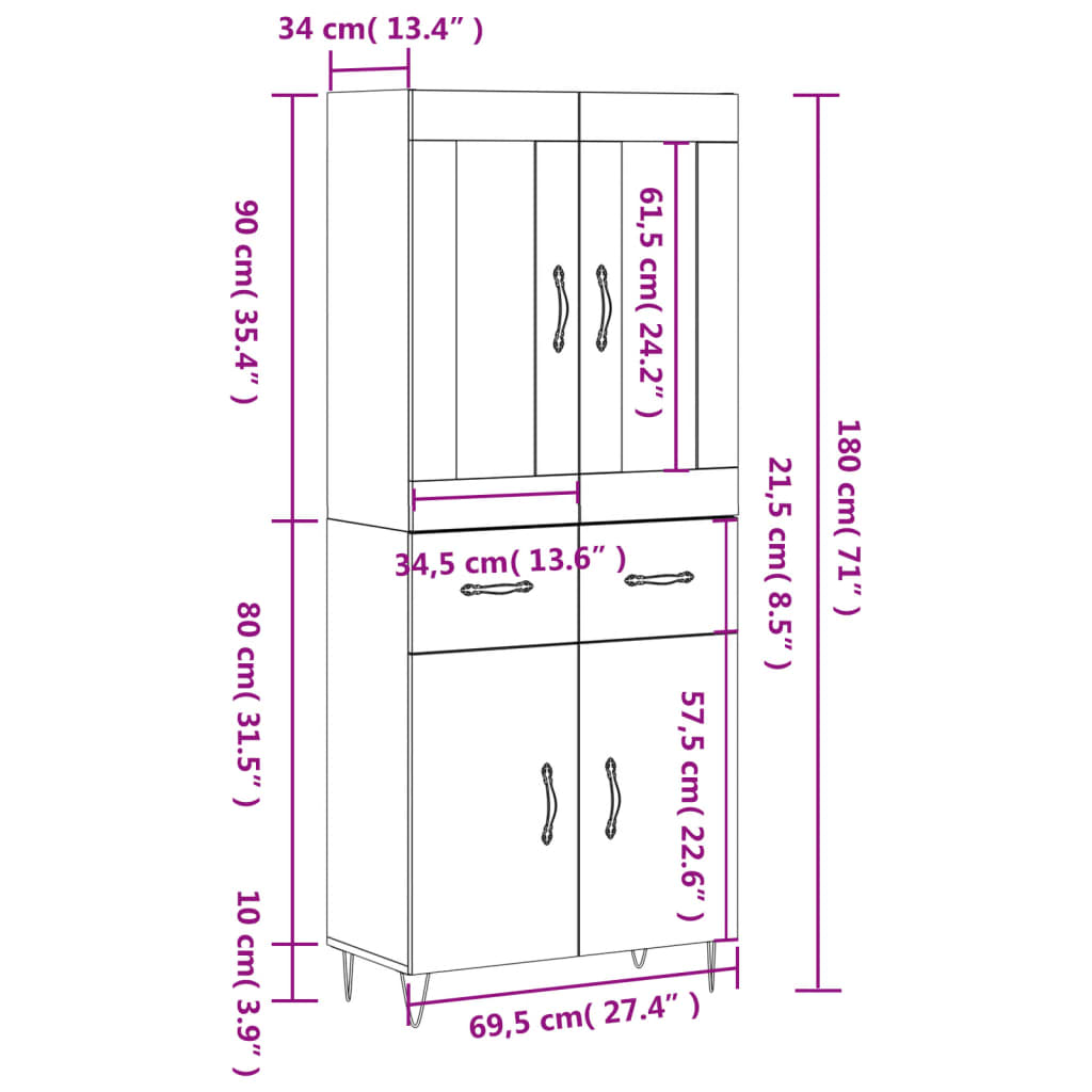 vidaXL Dulap înalt, alb, 69,5x34x180 cm, lemn compozit