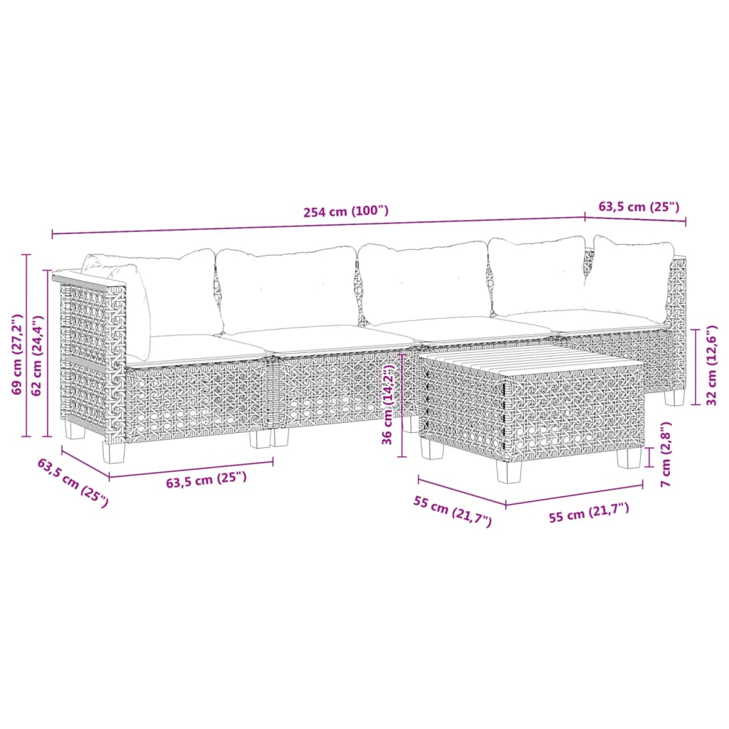 vidaXL Set mobilier de grădină cu perne, 5 piese, negru, poliratan