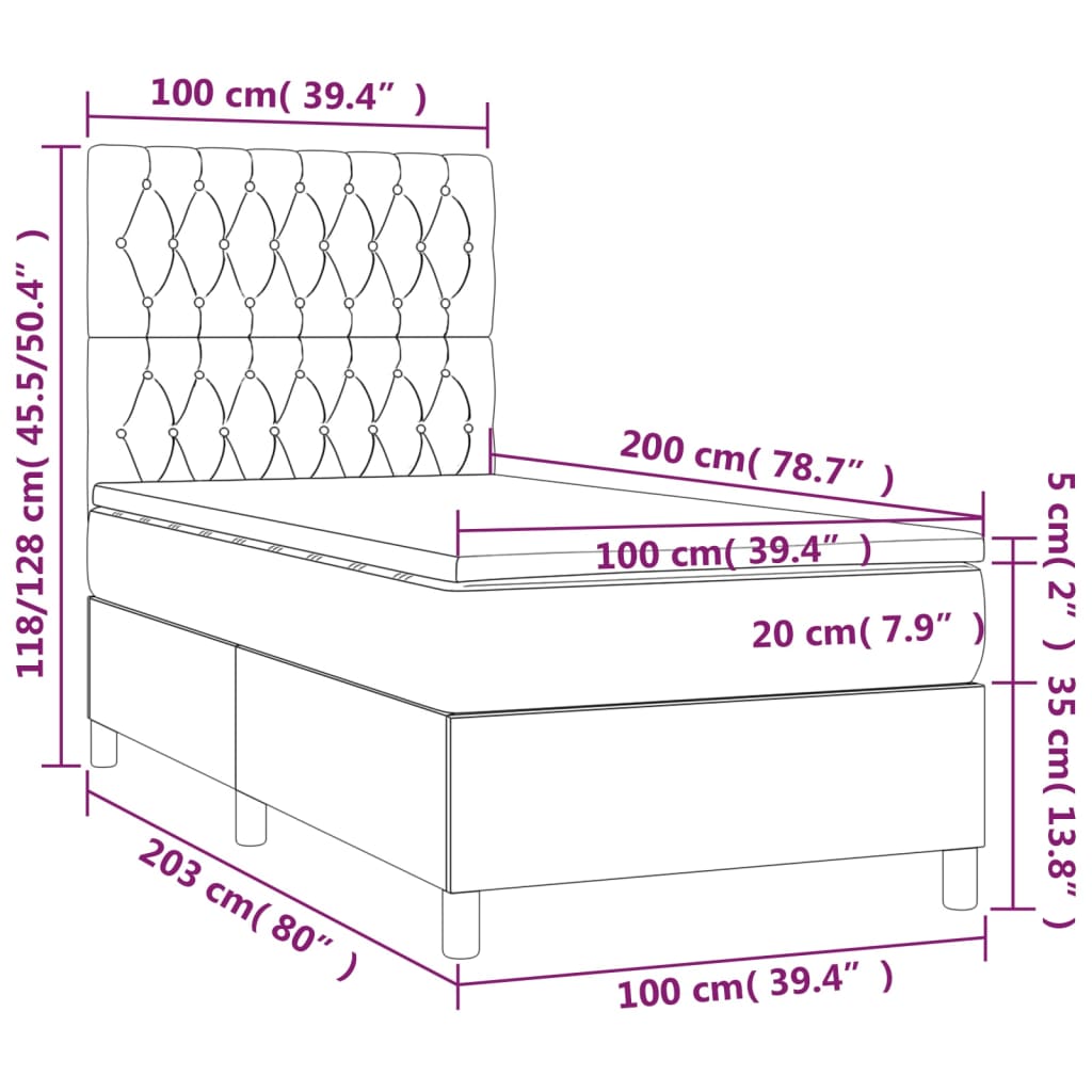 vidaXL Pat cu arcuri, saltea și LED, crem, 100x200 cm, textil