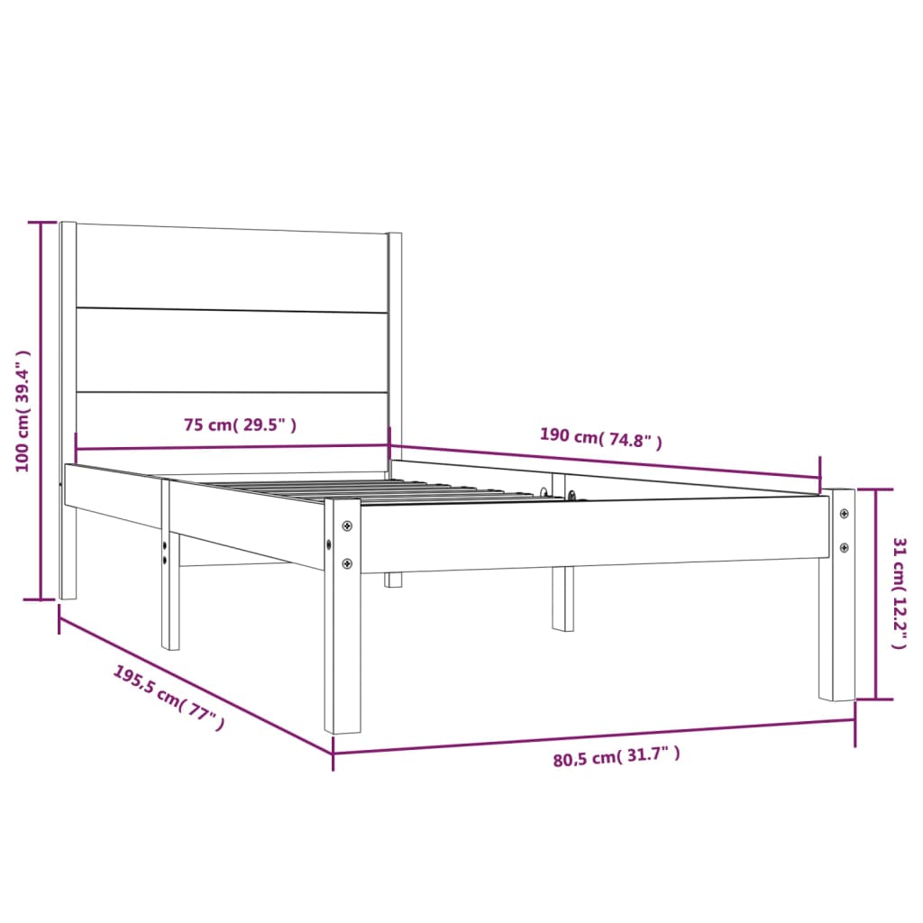 vidaXL Cadru de pat mic single, negru, 75x190 cm, lemn masiv