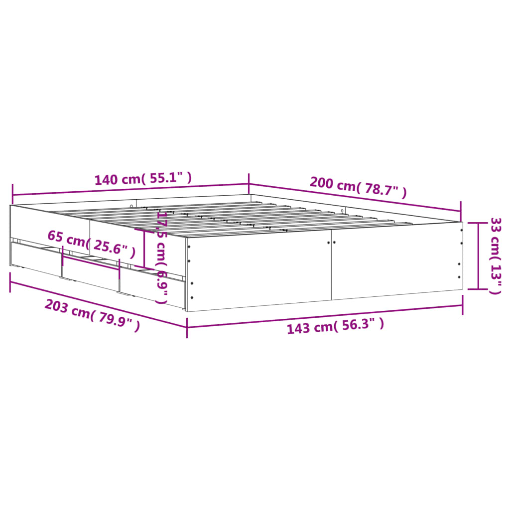 vidaXL Cadru de pat cu sertare gri sonoma 140x200 cm lemn prelucrat