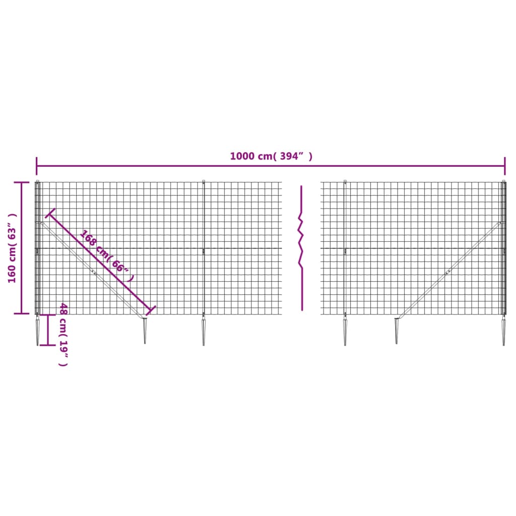 vidaXL Gard plasă de sârmă cu țăruși de fixare, antracit, 1,6x10 m