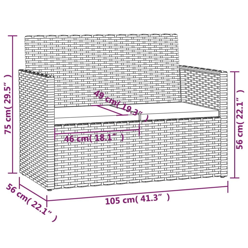 vidaXL Bancă de grădină cu perne, negru, 105 cm, poliratan