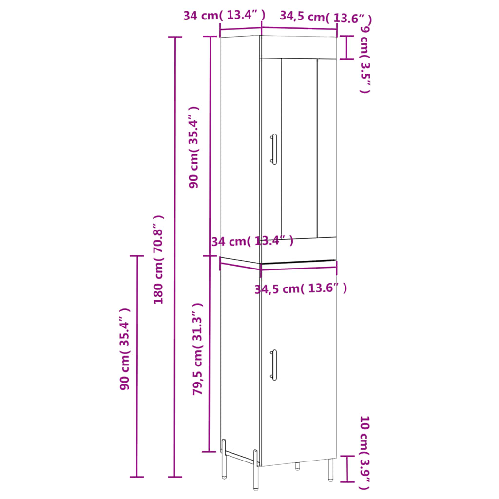 vidaXL Dulap înalt, gri beton, 34,5x34x180 cm, lemn prelucrat