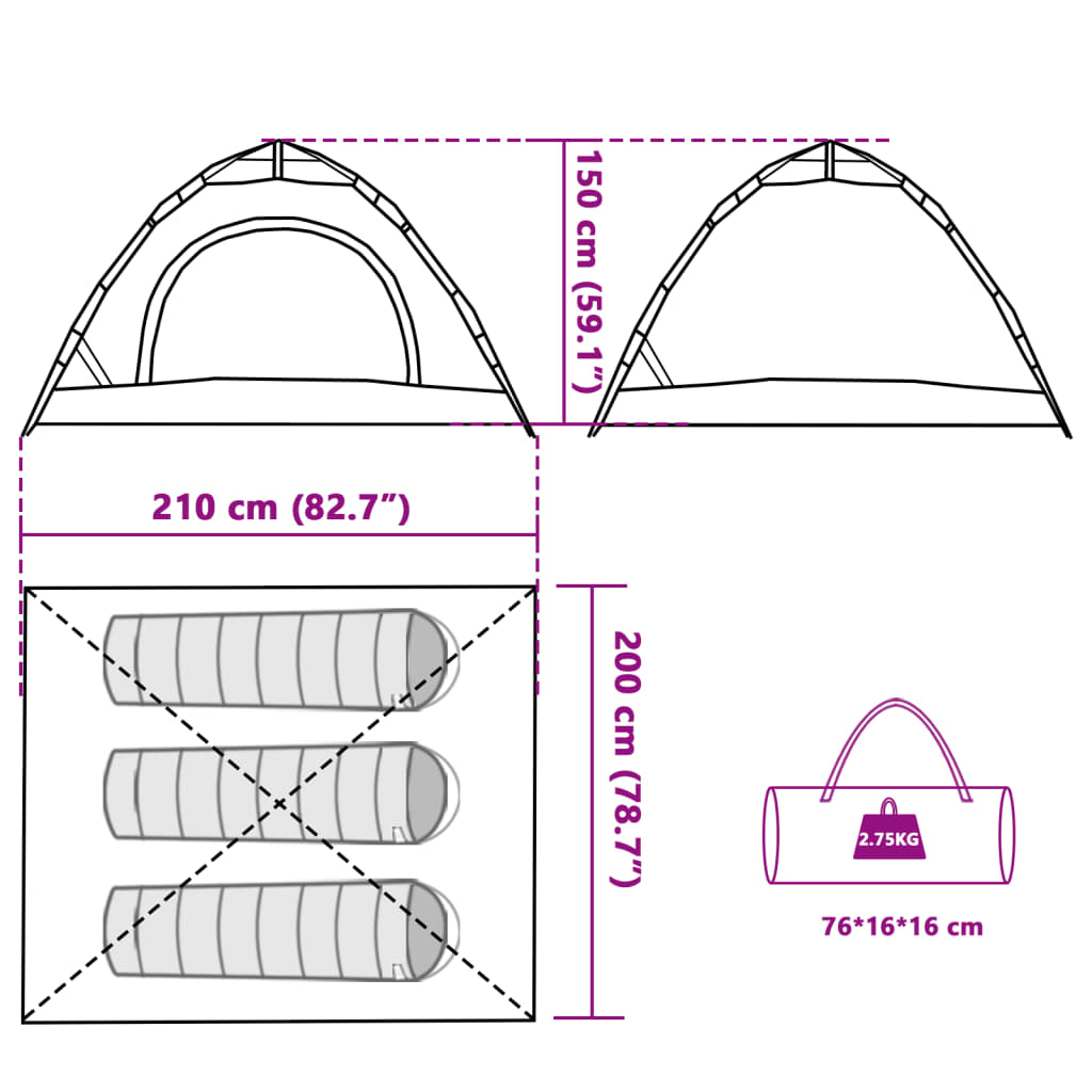 vidaXL Cort de camping, 3 persoane, gri/portocaliu, setare rapidă