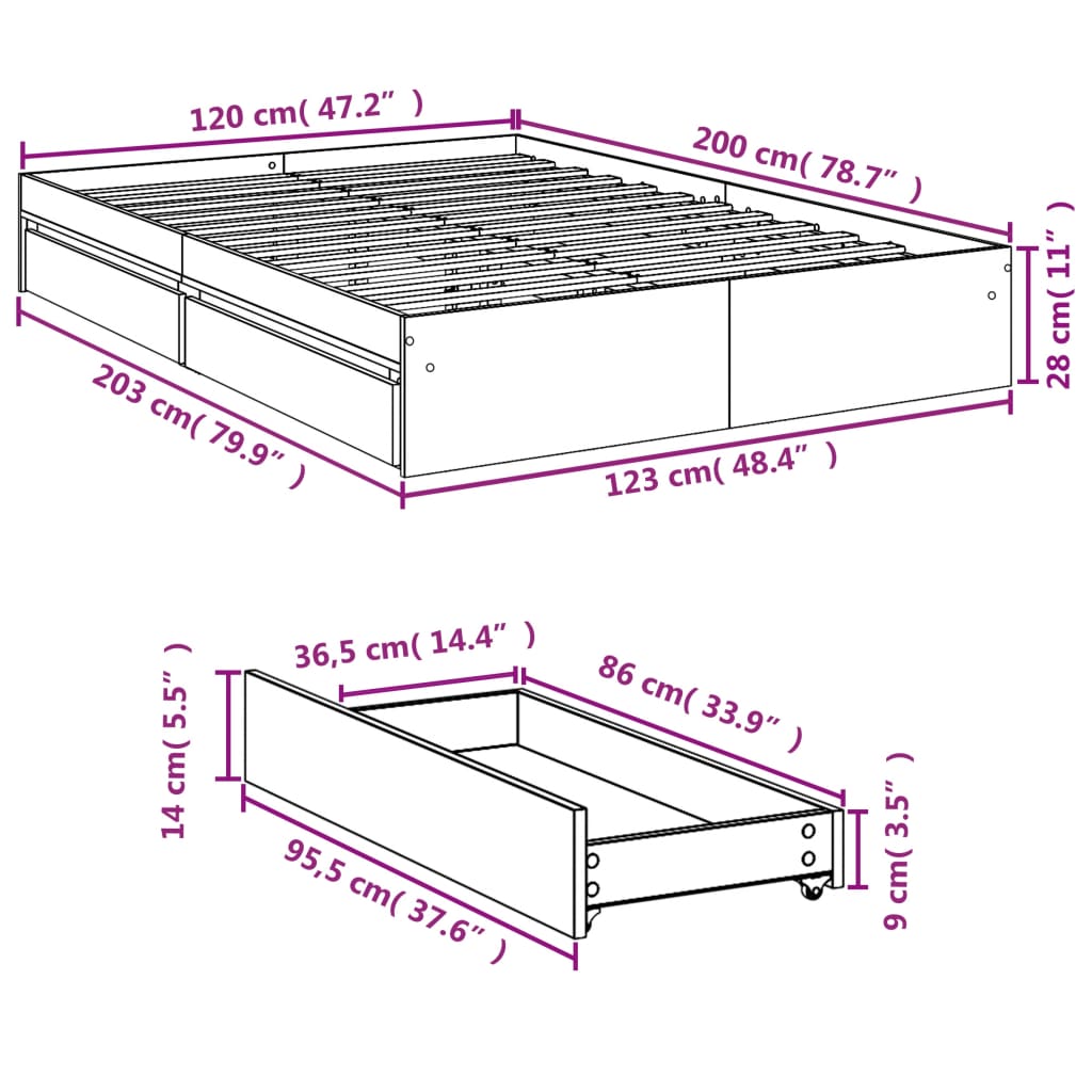 vidaXL Cadru de pat cu sertare gri sonoma 120x200 cm lemn prelucrat