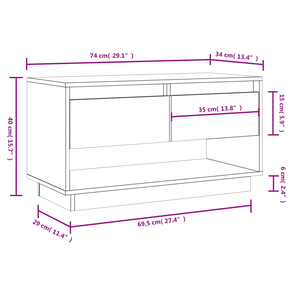 vidaXL Comodă TV, alb, 74x34x40 cm, lemn masiv de pin