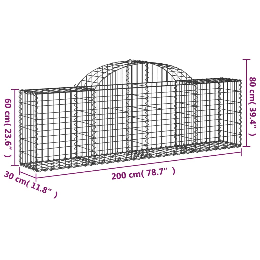 vidaXL Coșuri gabion arcuite 8 buc, 200x30x60/80 cm, fier galvanizat