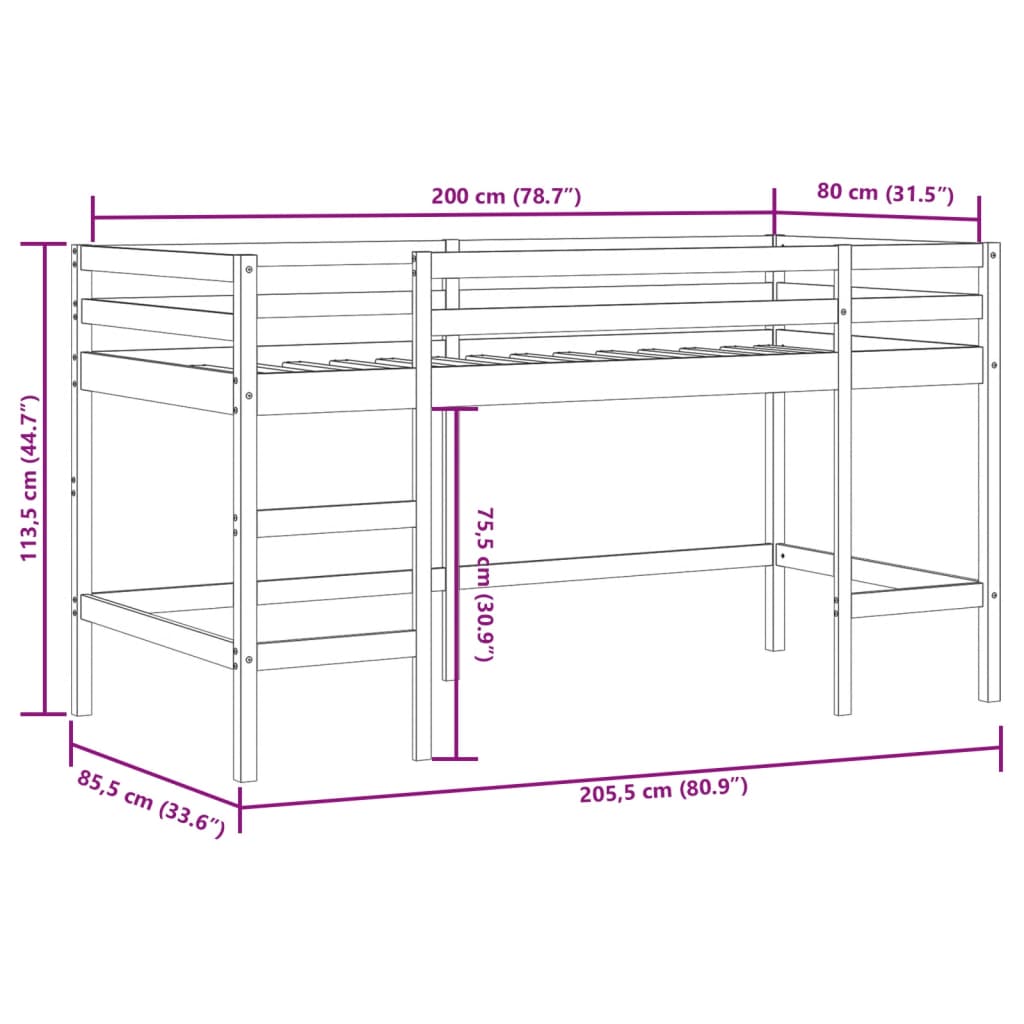 vidaXL Pat etajat de copii cu perdele, 80x200 cm, lemn masiv pin