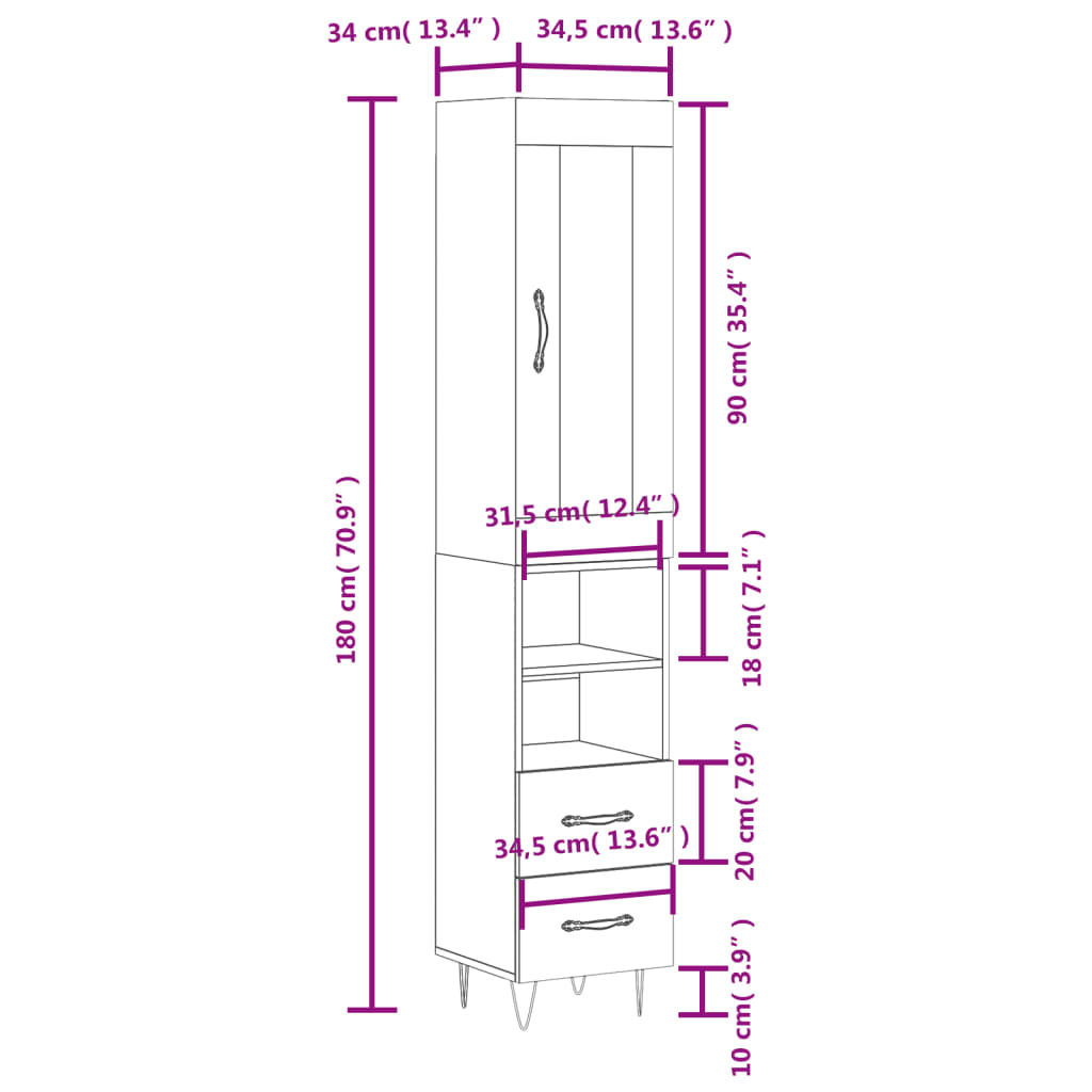 vidaXL Dulap înalt, alb extralucios, 34,5x34x180 cm, lemn prelucrat