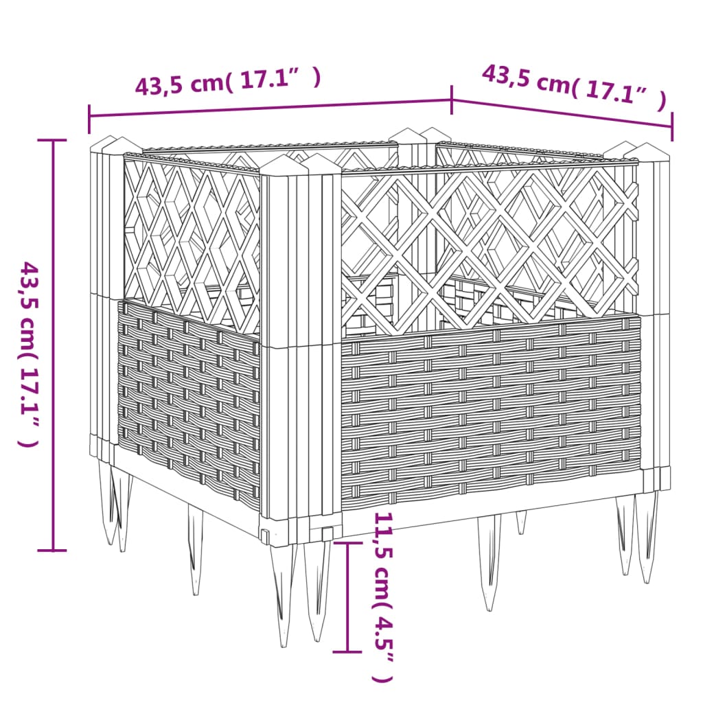 vidaXL Jardinieră de grădină cu țăruși, gri, 43,5x43,5x43,5 cm, PP