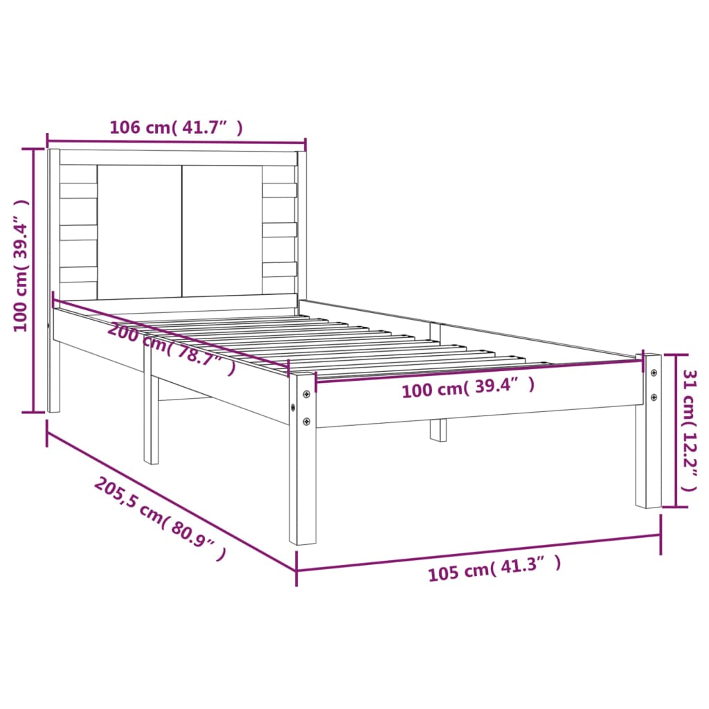 vidaXL Cadru de pat, alb, 100x200 cm, lemn masiv de pin