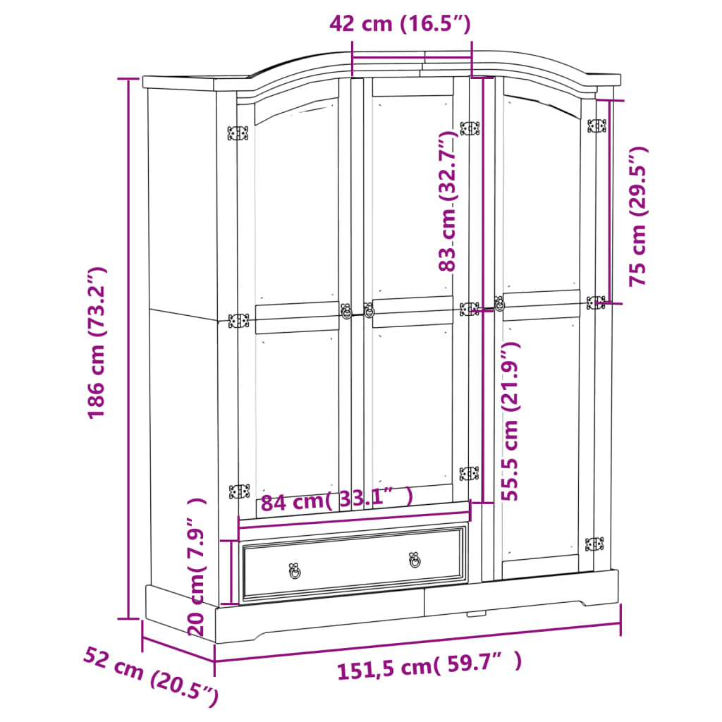 vidaXL Șifonier „Corona”, alb, 151,5x52x186 cm, lemn masiv de pin