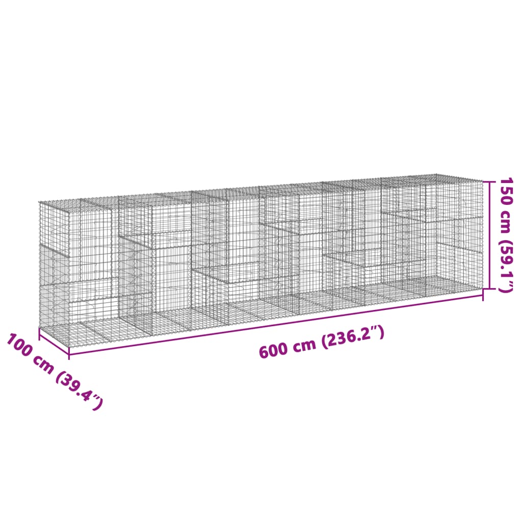 vidaXL Coș gabion cu capac, 600x100x150 cm, fier galvanizat