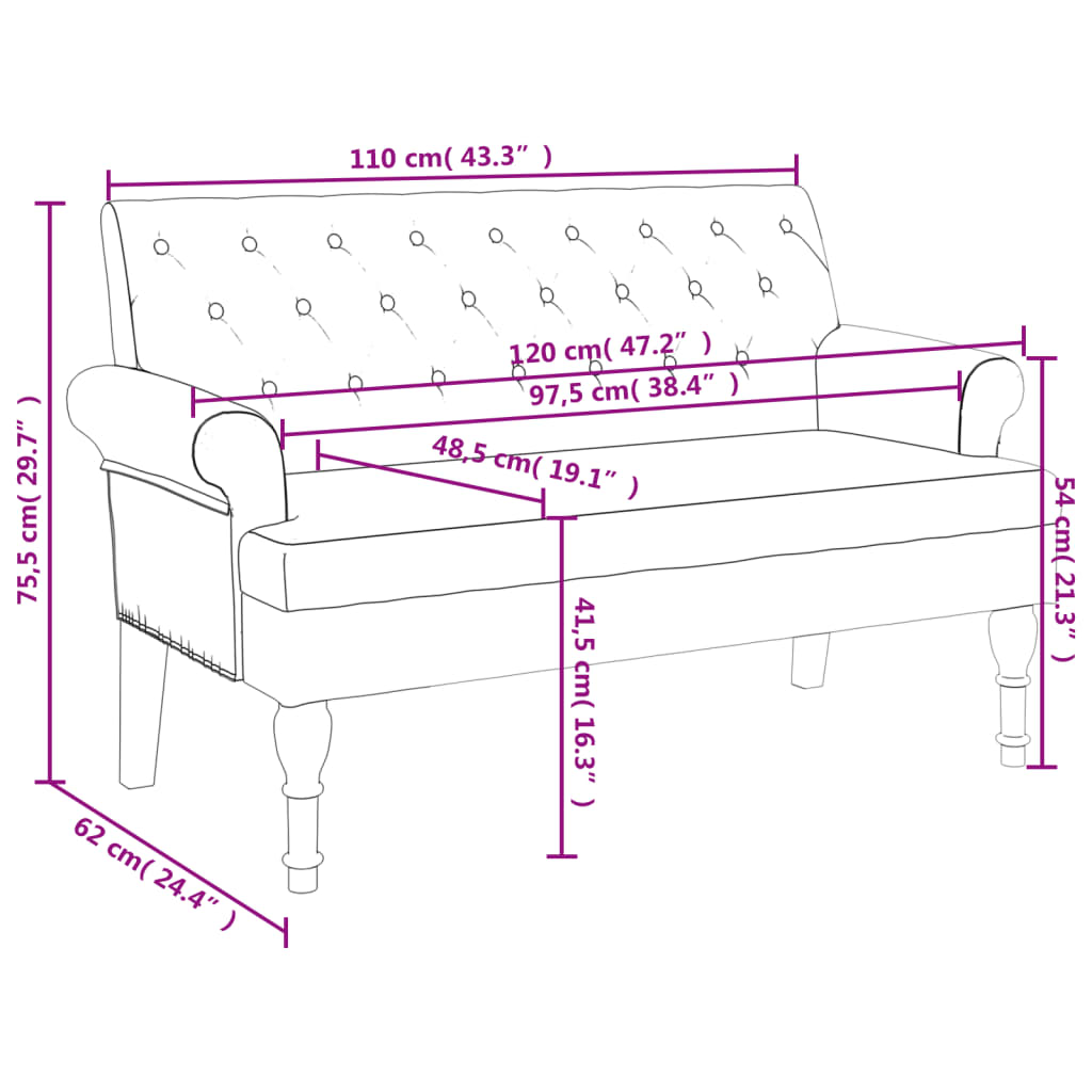 vidaXL Banchetă cu spătar maro 120x62x75,5 cm piele întoarsă ecologică