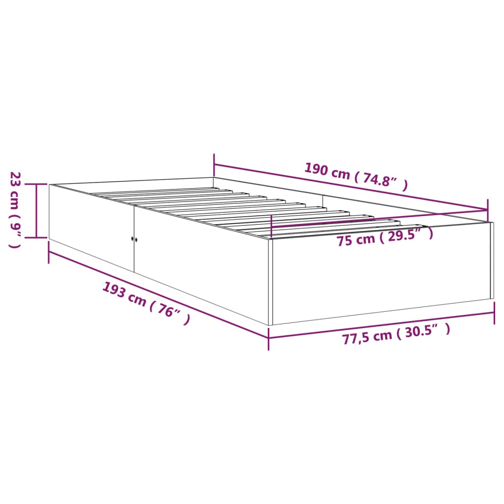 vidaXL Cadru de pat mic single, gri, 75x190 cm, lemn masiv