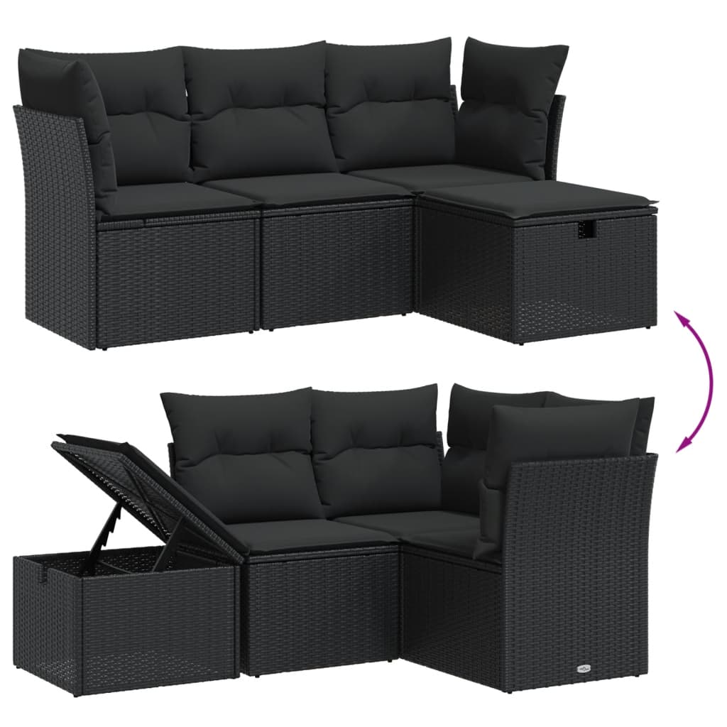 vidaXL Set mobilier de grădină cu perne, 4 piese, negru, poliratan