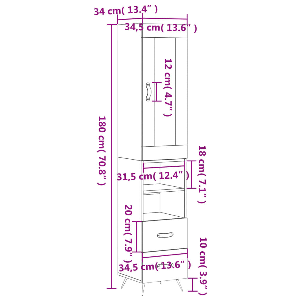 vidaXL Dulap înalt, stejar fumuriu, 34,5x34x180 cm, lemn prelucrat