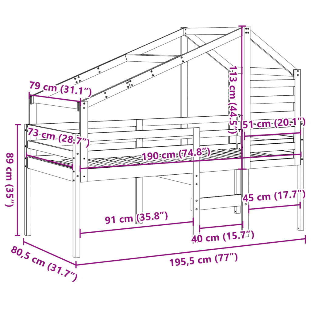 vidaXL Pat înalt cu acoperiș, alb, 75x190 cm, lemn masiv de pin