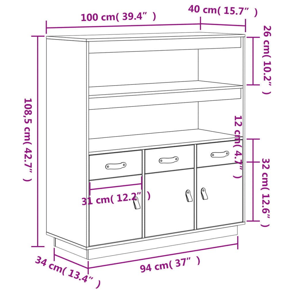 vidaXL Dulap înalt, alb, 100x40x108,5 cm, lemn masiv de pin