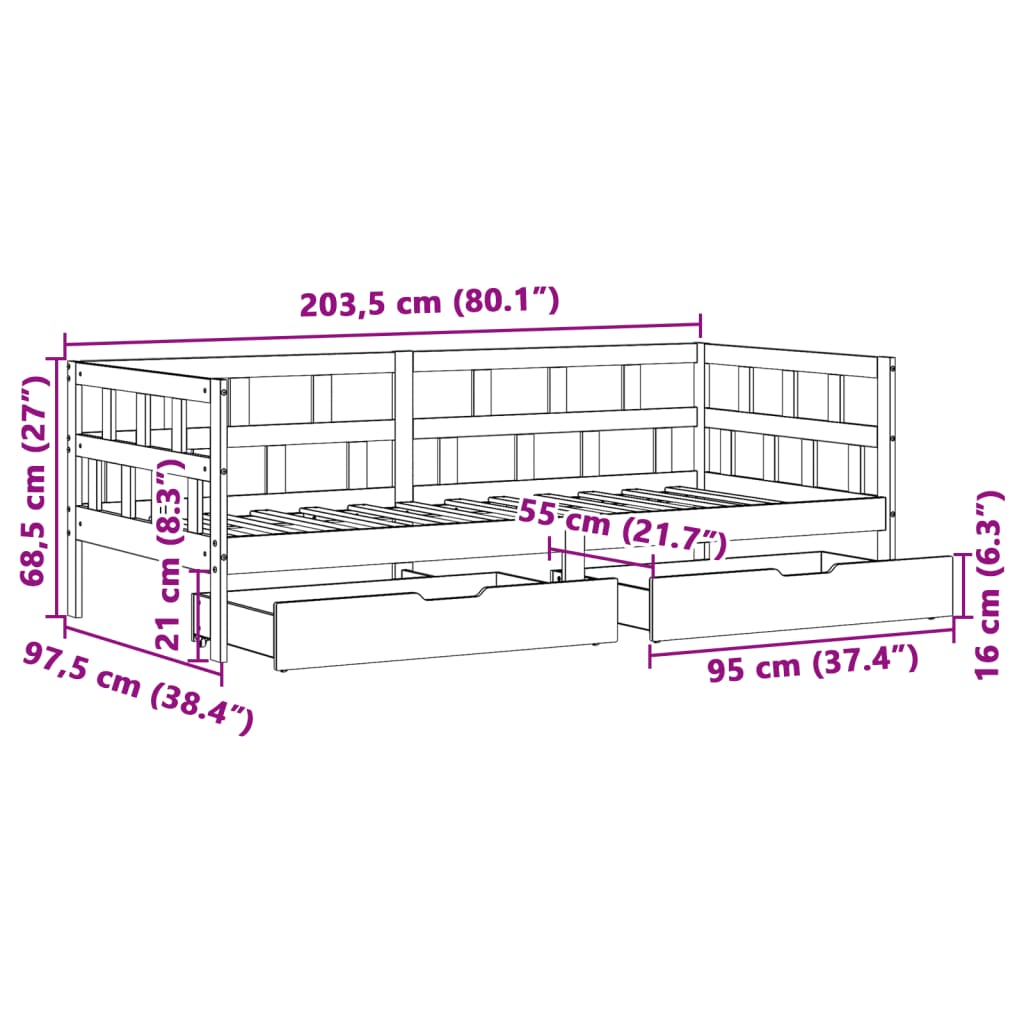 vidaXL Pat de zi cu sertare, alb, 90x200 cm, lemn masiv pin