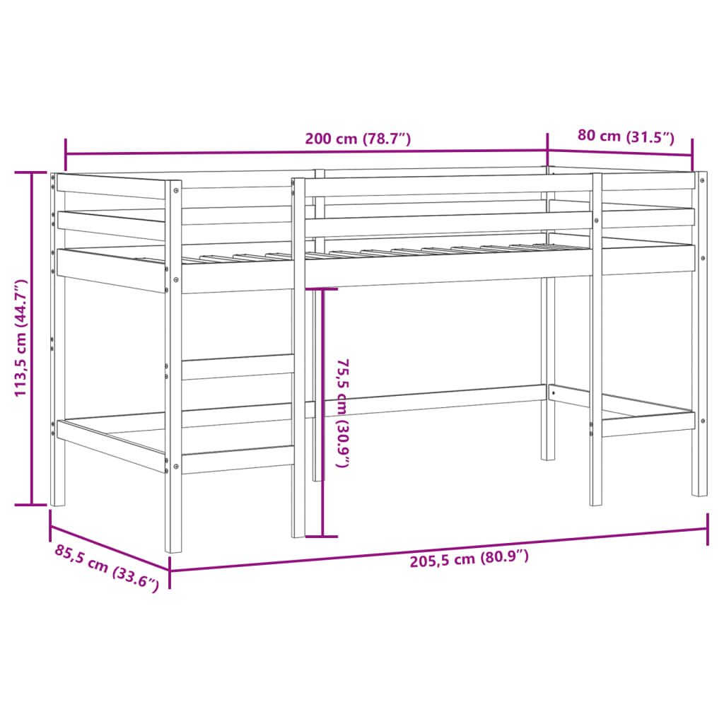 vidaXL Pat etajat de copii cu scară, alb, 80x200 cm, lemn masiv pin