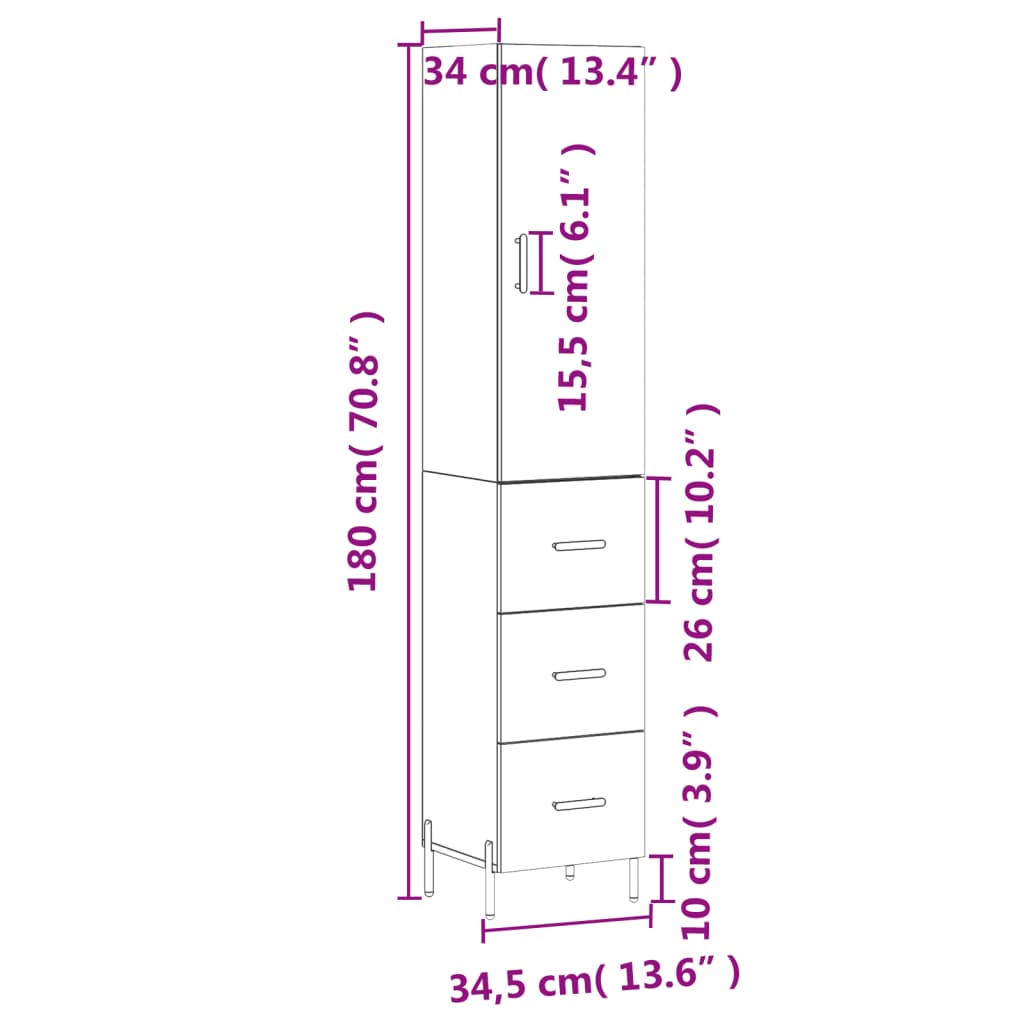 vidaXL Dulap înalt, alb, 34,5x34x180 cm, lemn prelucrat