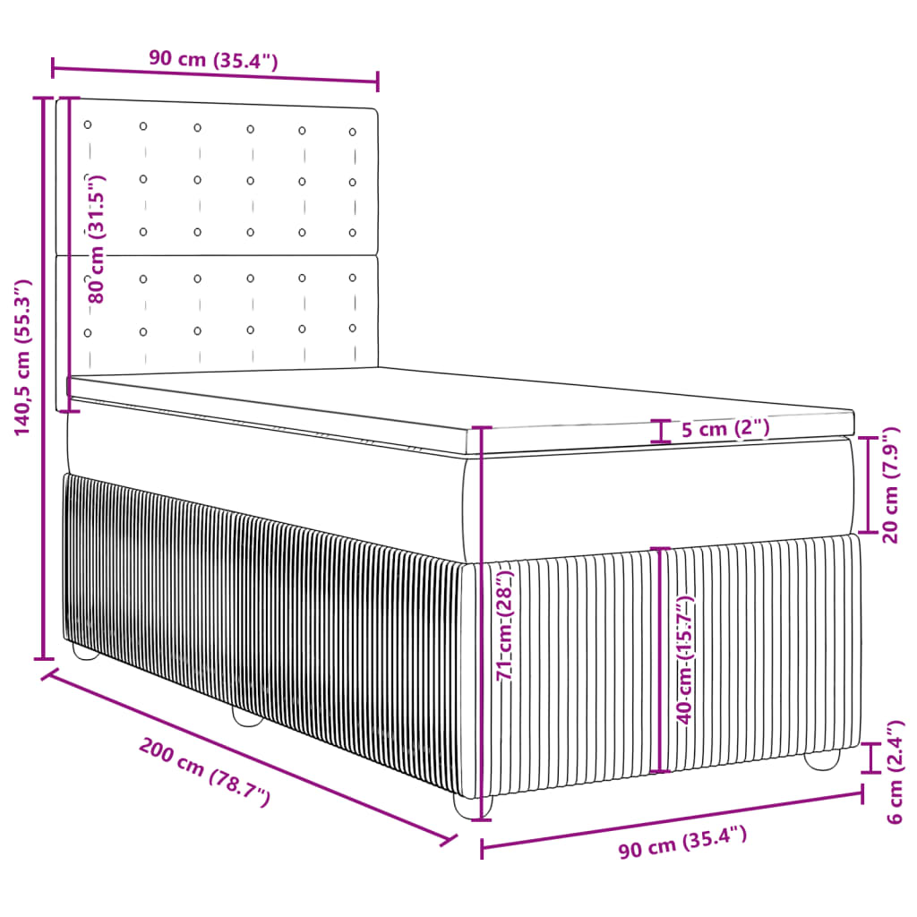 vidaXL Pat box spring cu saltea, gri deschis, 90x200 cm, catifea