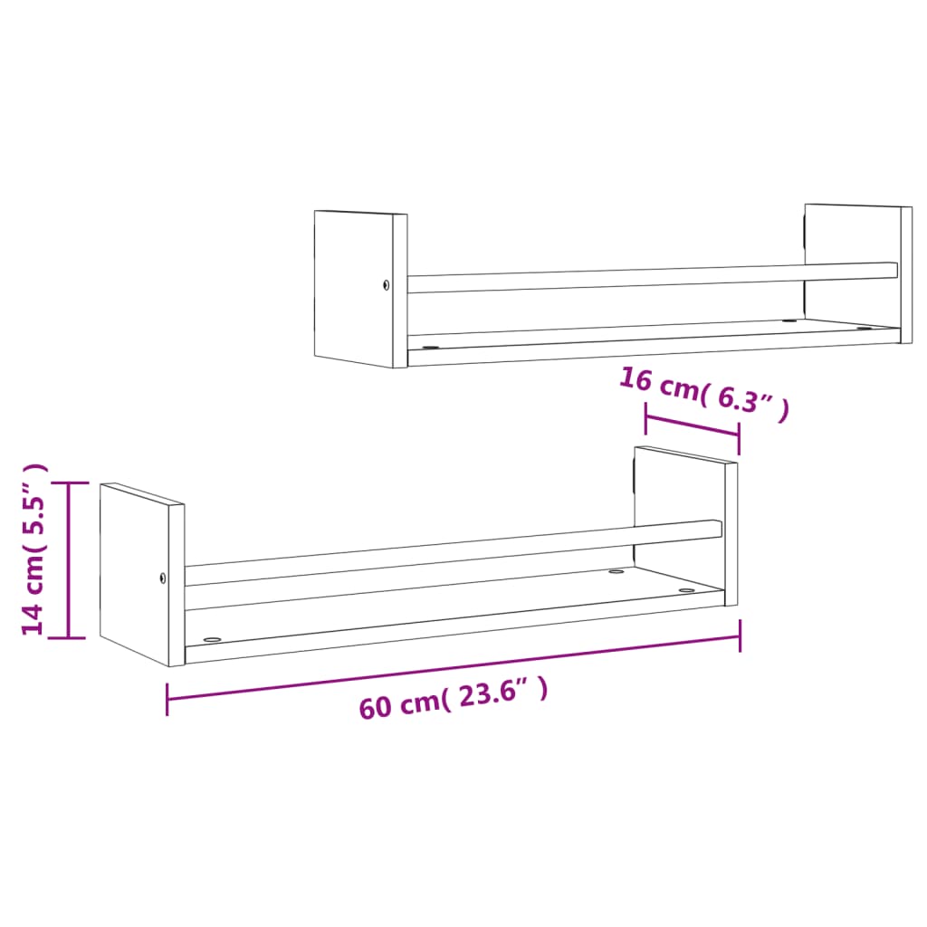 vidaXL Rafturi de perete cu bare, 2 buc, stejar sonoma, 60x16x14 cm