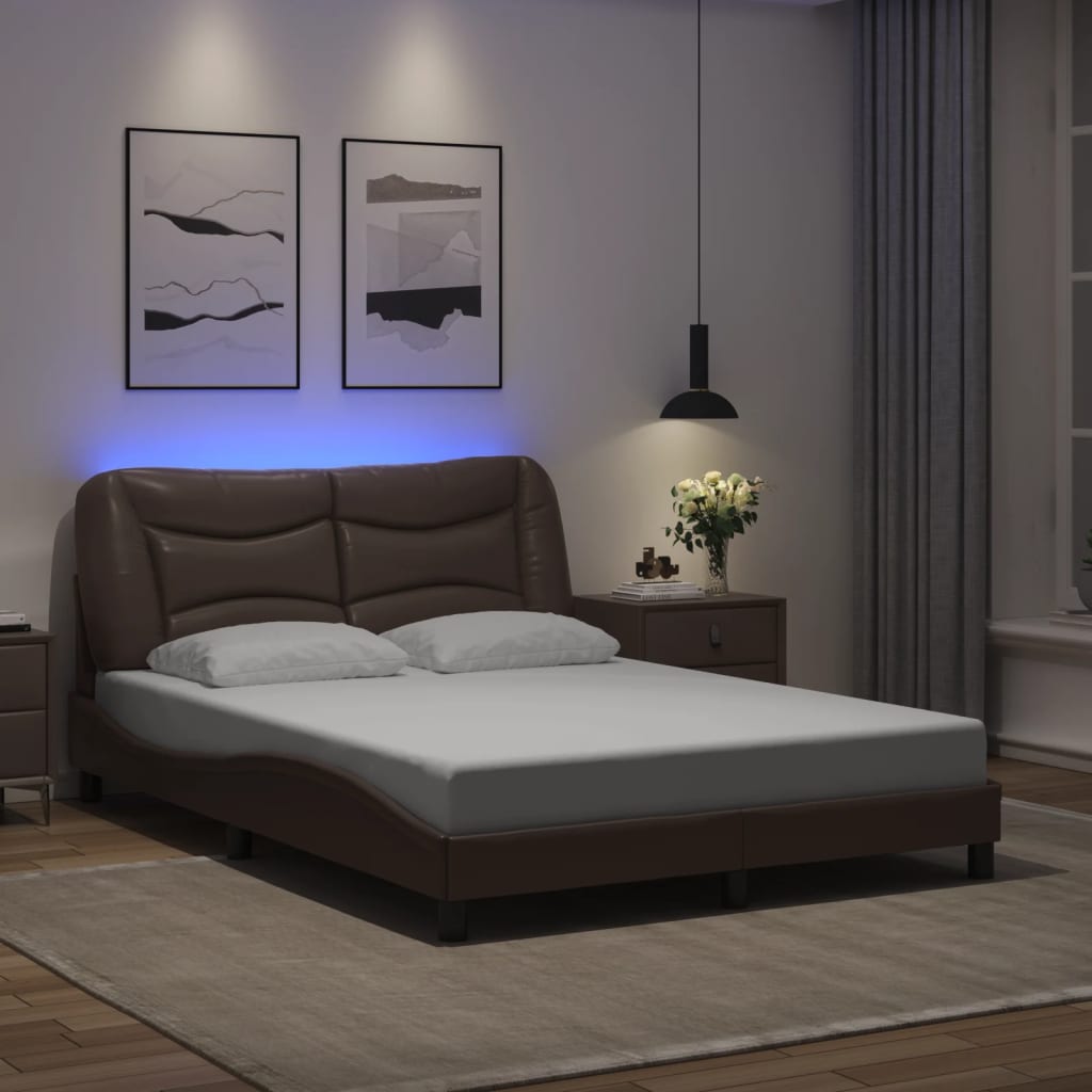 vidaXL Cadru de pat cu lumini LED, maro, 140x200 cm, piele ecologică