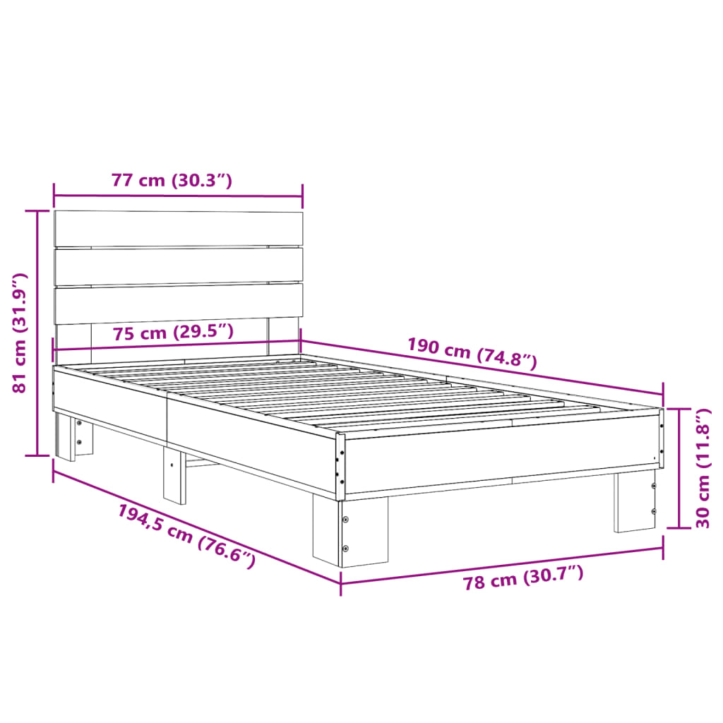 vidaXL Cadru de pat, negru, 75x190 cm, lemn prelucrat și metal