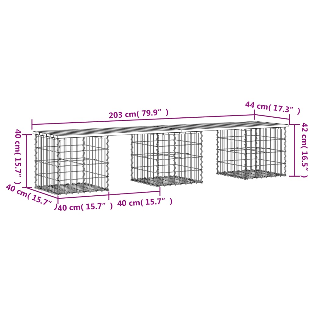 vidaXL Bancă de grădină, design gabion, 203x44x42cm, lemn masiv de pin