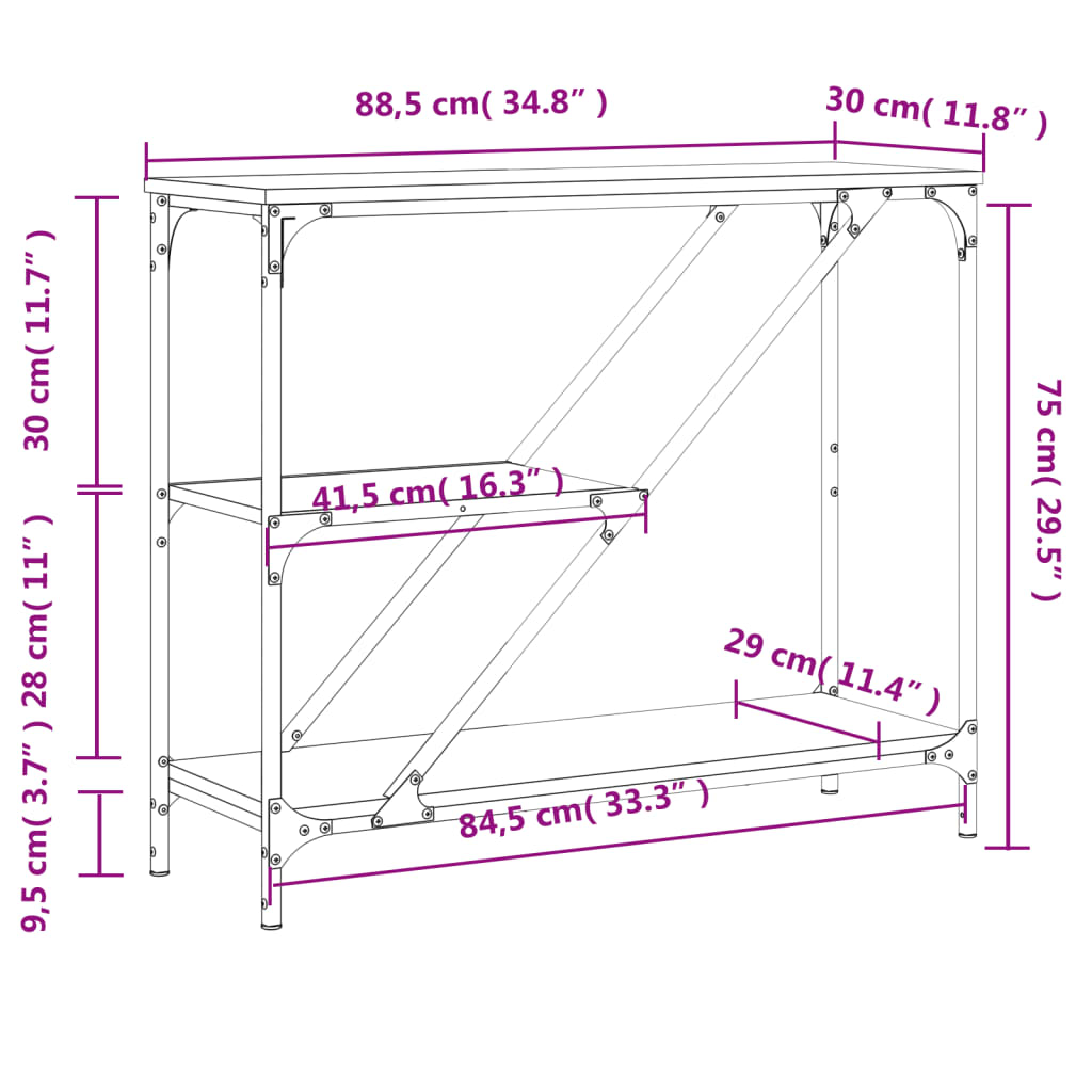 vidaXL Măsuță consolă, gri sonoma, 88,5x30x75 cm, lemn prelucrat