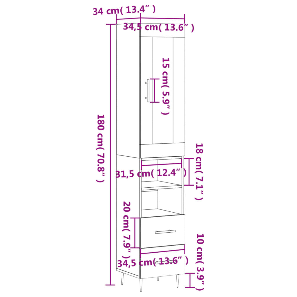 vidaXL Dulap înalt, negru, 34,5x34x180 cm, lemn prelucrat