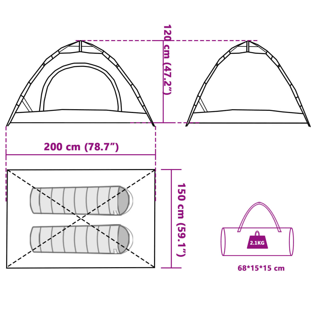 vidaXL Cort de camping pentru 2 persoane, setare rapidă, verde