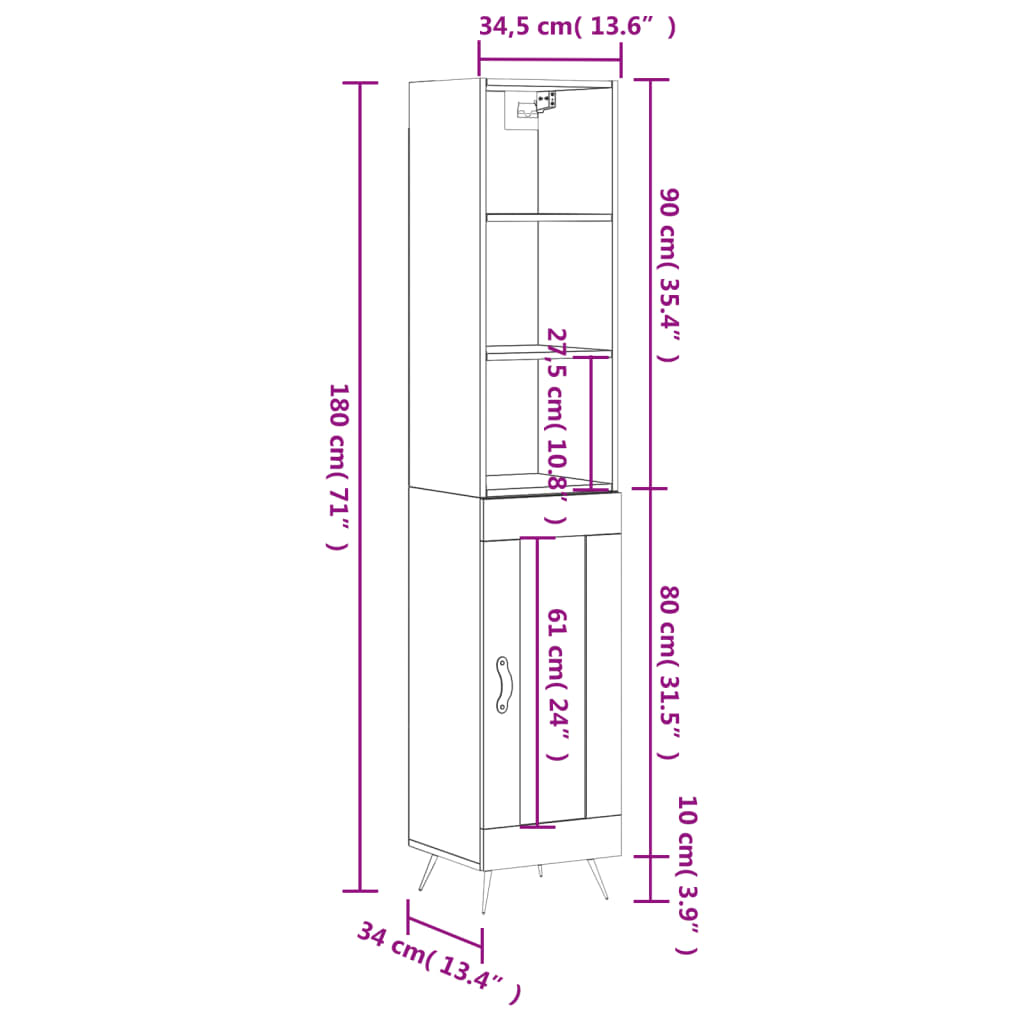 vidaXL Dulap înalt, alb, 34,5x34x180 cm, lemn prelucrat