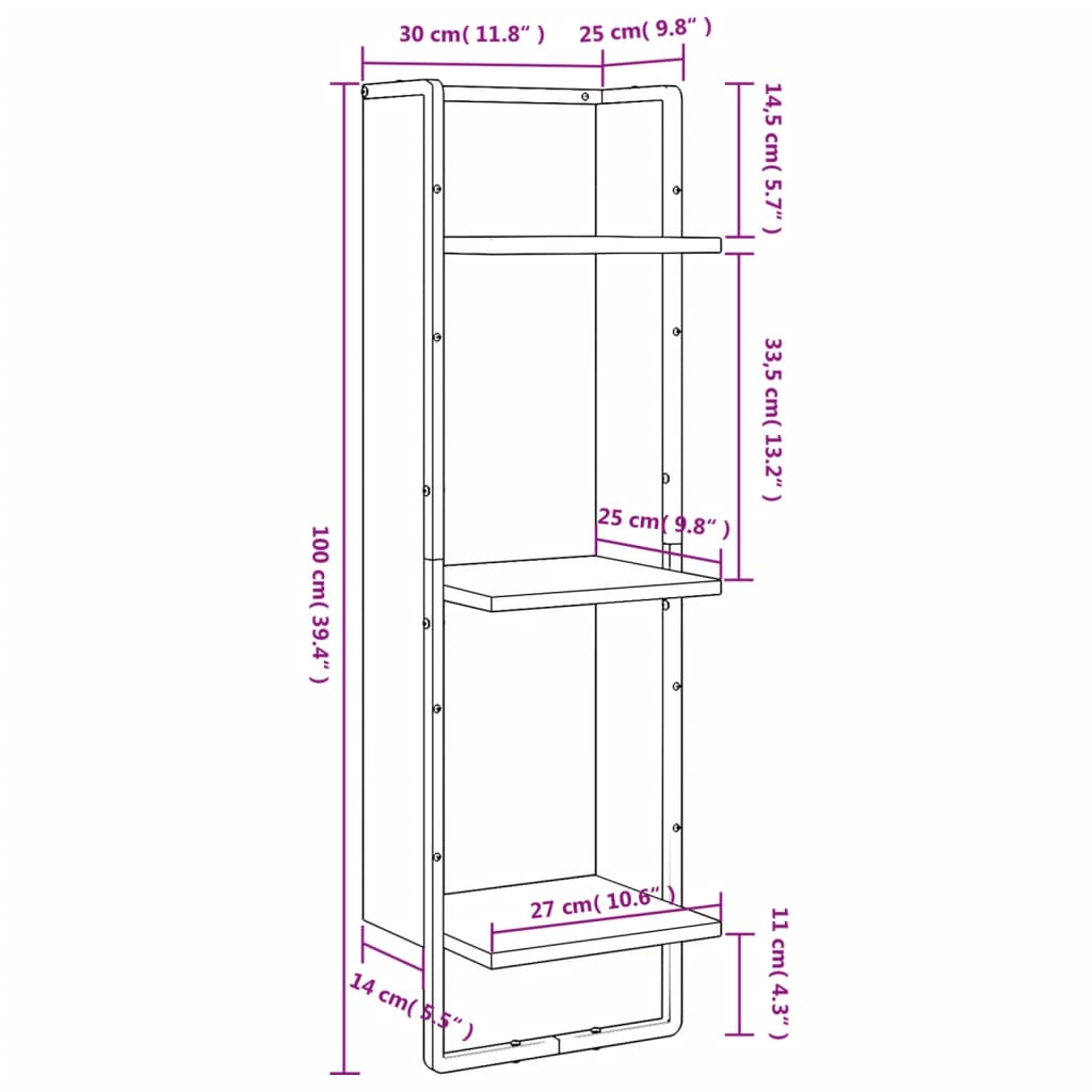 vidaXL Raft cu 3 niveluri stejar sonoma, 30x25x100 cm, lemn prelucrat