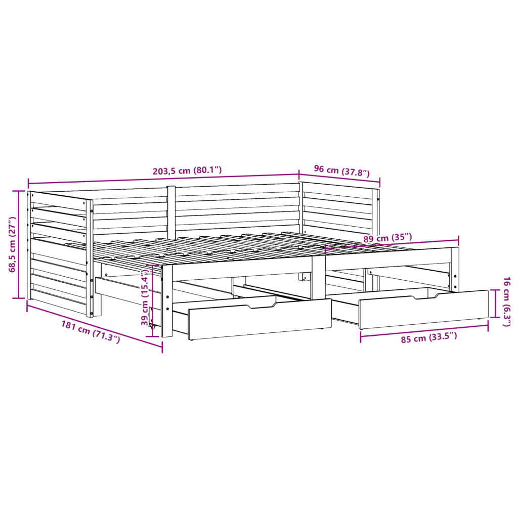 vidaXL Pat de zi cu sertare, alb, 90x200 cm, lemn masiv pin