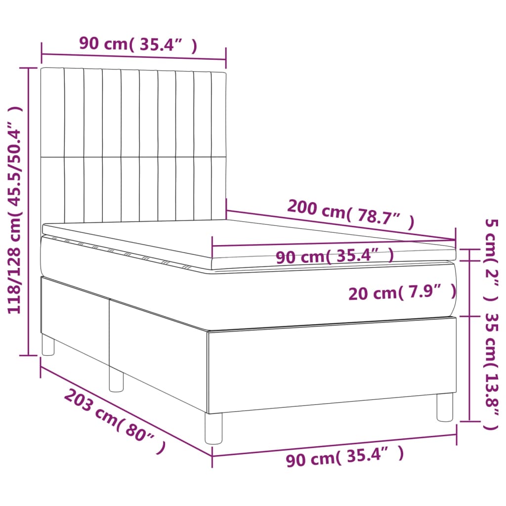 vidaXL Pat box spring cu saltea, maro închis, 90x200 cm, textil