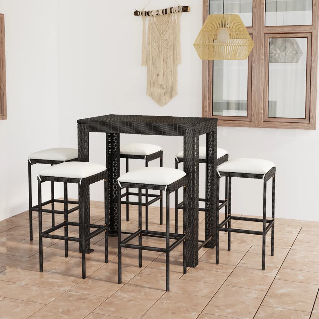 vidaXL Set mobilier bar de grădină cu perne, 7 piese, negru, poliratan