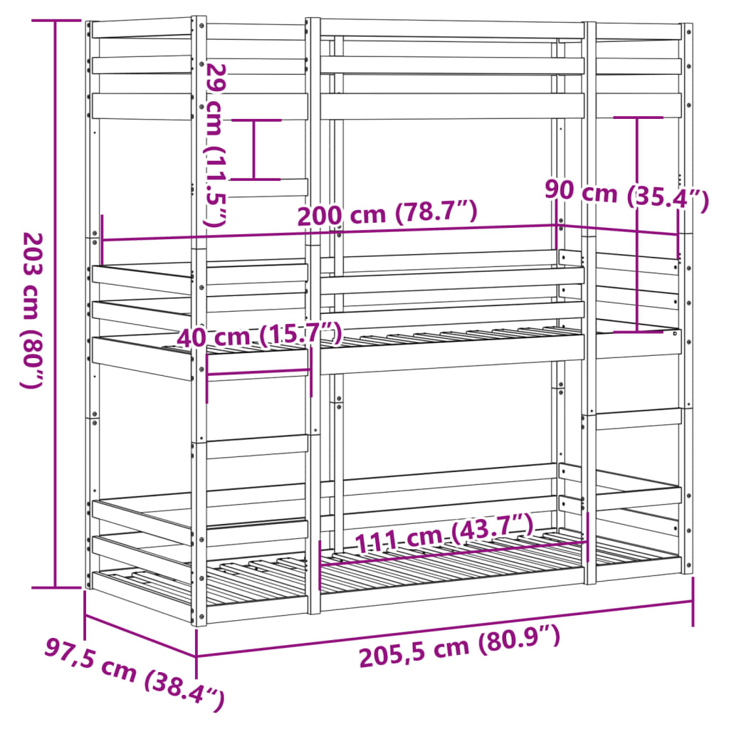 vidaXL Pat supraetajat triplu, alb, 90x200 cm, lemn masiv de pin