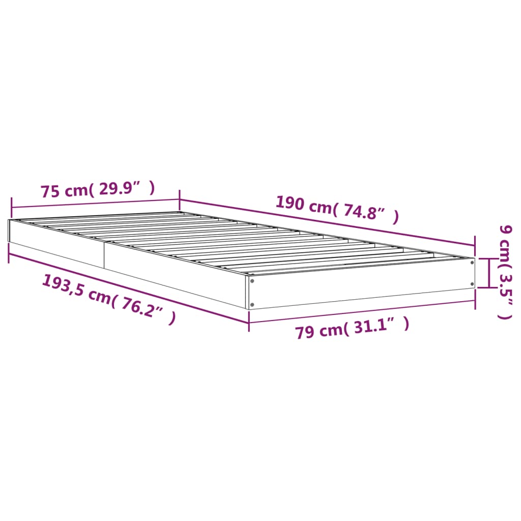 vidaXL Cadru de pat, alb, 75x190 cm, single mic, lemn masiv de pin