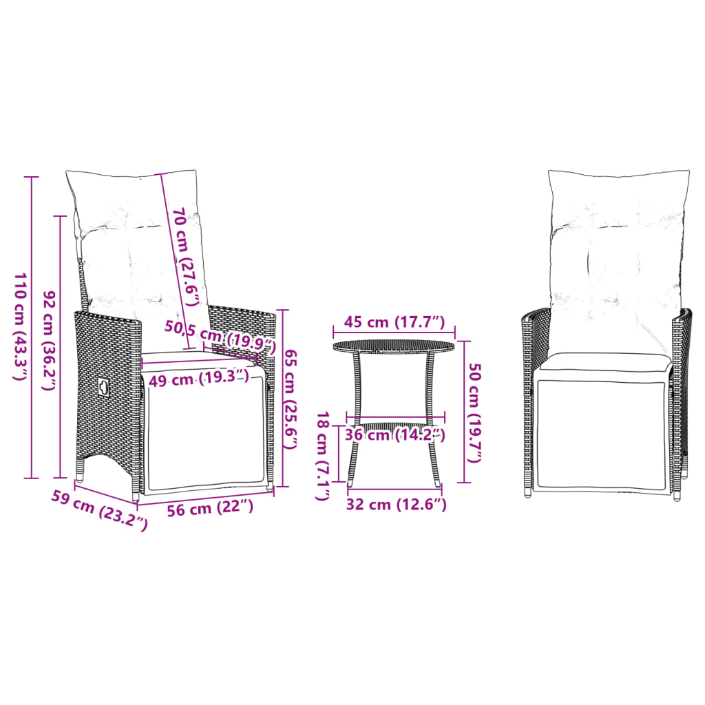 vidaXL Set bistro cu perne, 3 piese, negru, poliratan